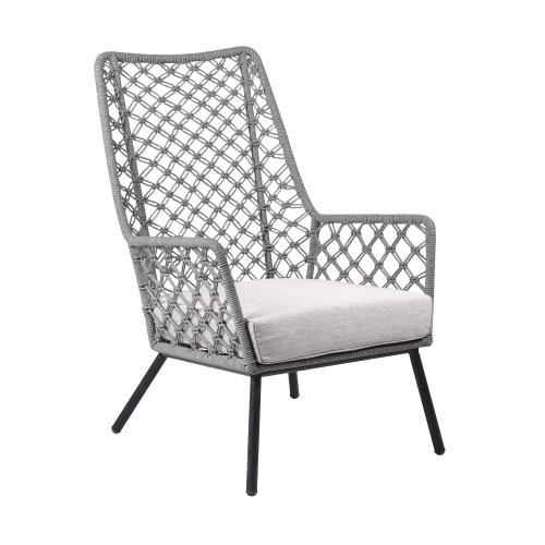 Homeroots Outdoors 26" Gray Woven Rope and Steel Indoor Outdoor Armed Side Chair with Cushion