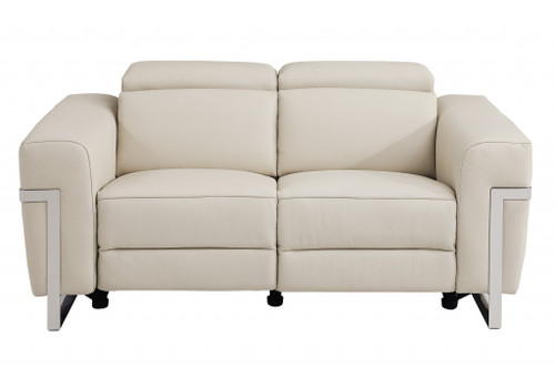 Homeroots Living Room 65" Beige Italian Leather Reclining Love Seat, Chrome Accents