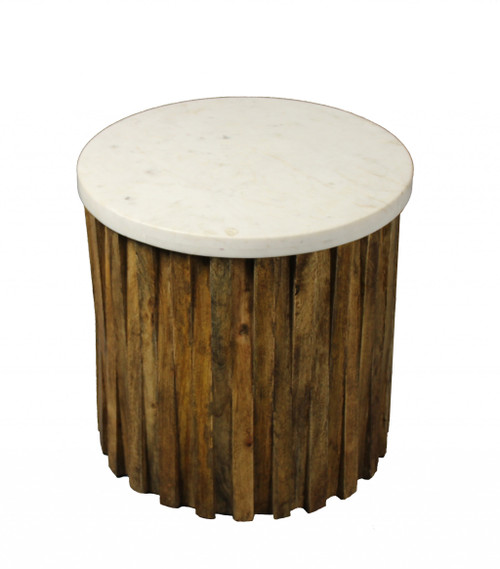 Homeroots Living Room 20" Brown and Ivory Marble and Solid Wood Round End Table