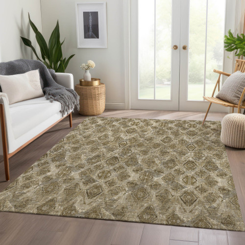 9' X 12' Brown Beige And Tan Geometric Washable Indoor Outdoor Area Rug