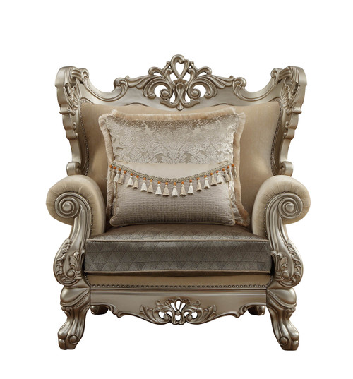 Homeroots 44" X 47" X 50" Upholstery Wood Leg/Trim Chair, Fabric & Champagne, with 2 Pillows