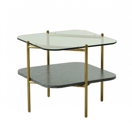 Homeroots Living Room 20" Square End Table with Shelf, Gold and Clear Glass