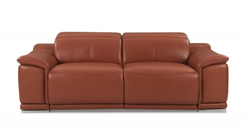 Homeroots Living Room 86" Camel Brown Genuine Leather Reclining Sofa, Motorized Recliner