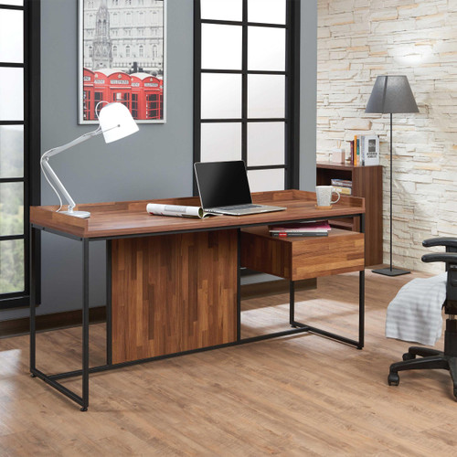 Homeroots 62" X 24" X 31" Walnut & Sandy Black Metal Desk