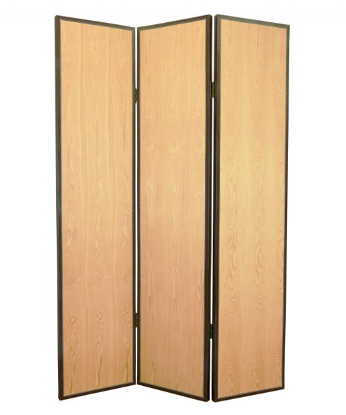Homeroots 1" X 47" X 71" Home Decor 3?Panel Natural Wood Screen, Blond Maple Finish, Brown Leather Trim