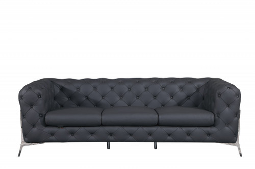 Homeroots Living Room 93" Dark Gray Genuine Button Tufted Leather Standard Sofa, Dark Gray, Tufted