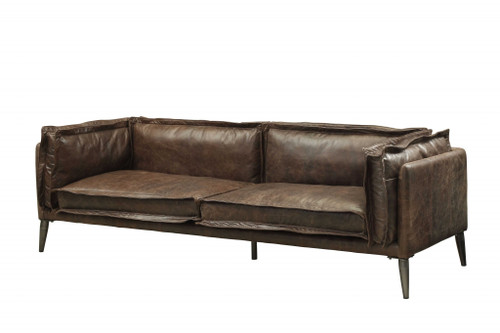 Homeroots Furniture Distressed Chocolate Top Grain Leather Sofa, Chocolate Finish, 94 Inch Width