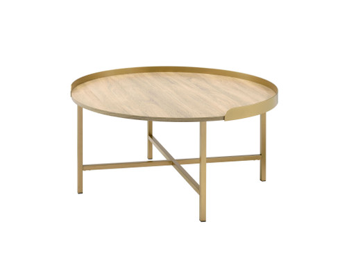 Homeroots Living Room 34" Gold and Oak Manufactured Wood and Metal Round Coffee Table