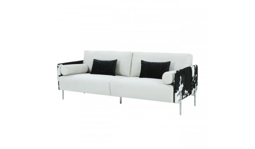 Homeroots Living Room 89" White Faux Cowhide and Silver Sofa