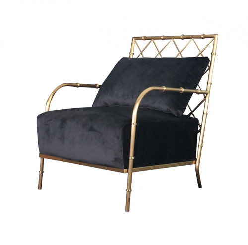 Homeroots Living Room 25" Black Velvet and Gold Solid Color Arm Chair, Black Velvet