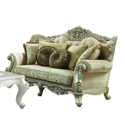 Homeroots 41" X 72" X 49" Fabric Champagne Upholstery Wood LegTrim Loveseat, with 5 Pillows
