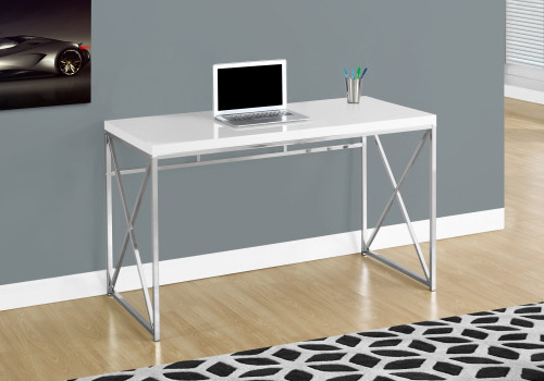 Homeroots Office 29.75" Glossy White Particle Board and Chrome Metal Computer Desk, Glossy White Finish, 29.75 Inches Height