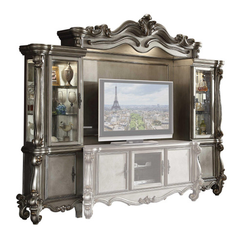 Homeroots Furniture Antique Platinum Wood Poly Resin Glass Entertainment Center, Antique Platinum Finish