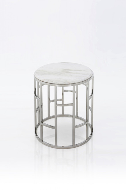Homeroots Living Room Stylish Silver And White Marble Round Geometric End or Side Table, Silver and White, Round