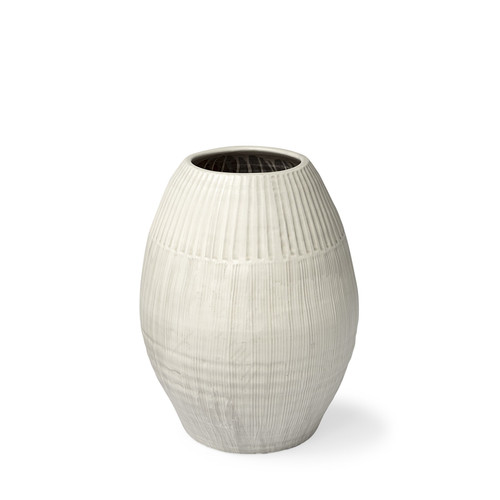 Homeroots Home Decor Petite White Embossed Stripes Ceramic Vase