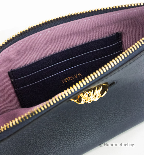 Versace Navy Pebbled Leather Wristlet Clutch Pouch