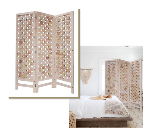 Homeroots Home Decor 3 Panel Pink Room Divider, Cut Square Wood Design