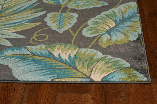 Homeroots Home Decor 8'x11' Grey Teal Machine Woven Oversized Tropical Leaves Indoor Area Rug