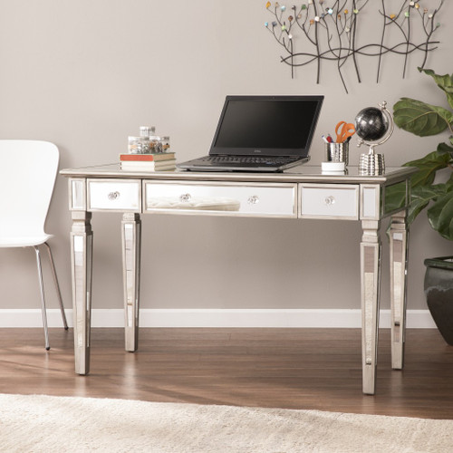 Homeroots Office Silver Matte Mirrored Writing Desk, Silver Matte Finish