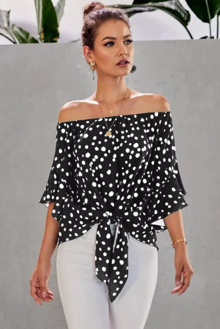 Bohemian Style Polka Dot Off Shoulder Front Tie