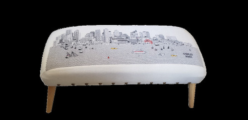 Homeroots Living Room Boston Daylight Skyline Embroidered Ottoman, White, 38"