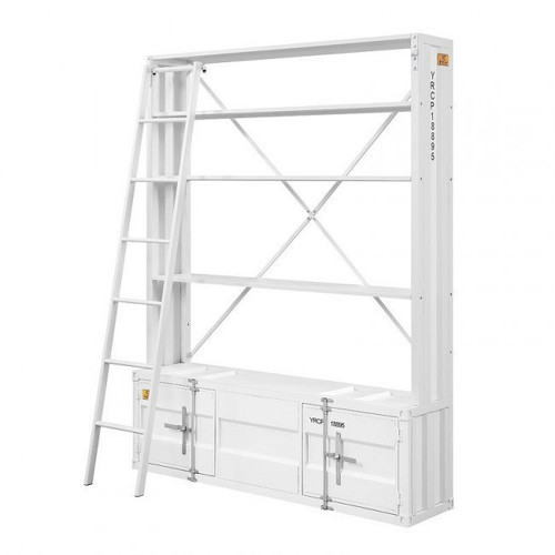 Homeroots Office 83" Four Tier Cargo Style Bookcase with Cabinets and Ladder, White