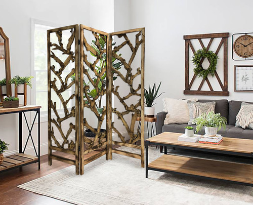 Homeroots Home Decor 3 Panel Room Divider with Tropical Leaf, Natural Wood Finish, 6ft Height