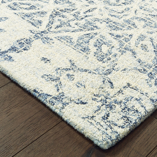 8' Blue And Ivory Wool Geometric Hand Tufted Runner Rug