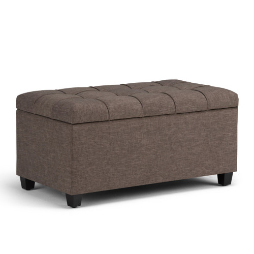 33" Fawn and Espresso Tufted Faux Linen and Solid Wood Upholstered Storage Bench With Flip Top