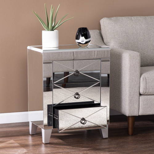 Homeroots Living Room 26" Silver Manufactured Wood and Iron Rectangular Mirrored End Table, Silver Finish, Three Drawers