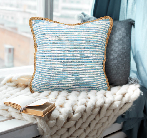 20" Blue And White Beach Striped Cotton Blend Throw Pillow Cover