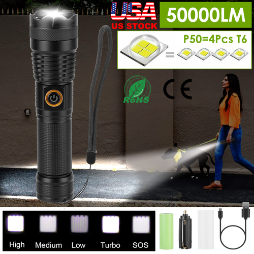 Tactical LED Flashlight Zoomable Rechargeable 
