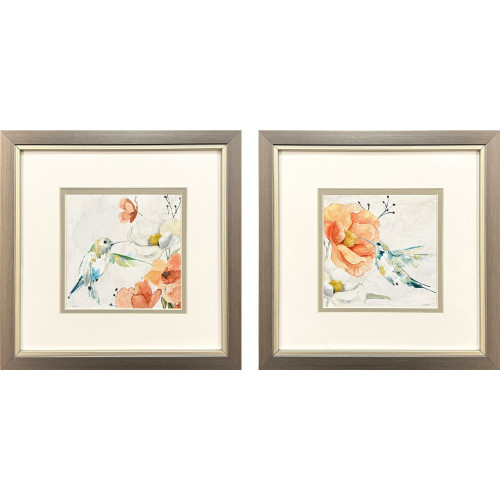 Set Of Two Floral Hummingbird Silver Framed Wall Art