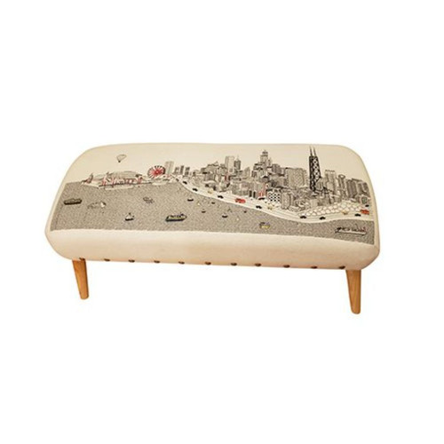Homeroots Living Room Chicago Daylight Skyline Embroidered Ottoman, White, 38"