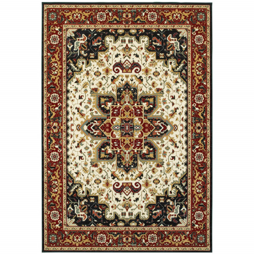 Homeroots Home Decor 10' x 13' Oriental Area Rug, Red and Ivory, Power Loom Stain Resistant
