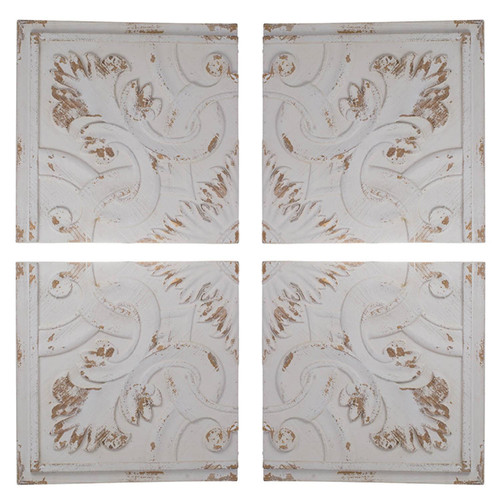 Homeroots Home Decor Set of 4 Whitewashed Arabesque Carved Wall Art