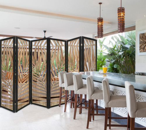 Homeroots Home Decor 3 Panel Room Divider with Tropical Leaf Design, Brown, 3 Panels