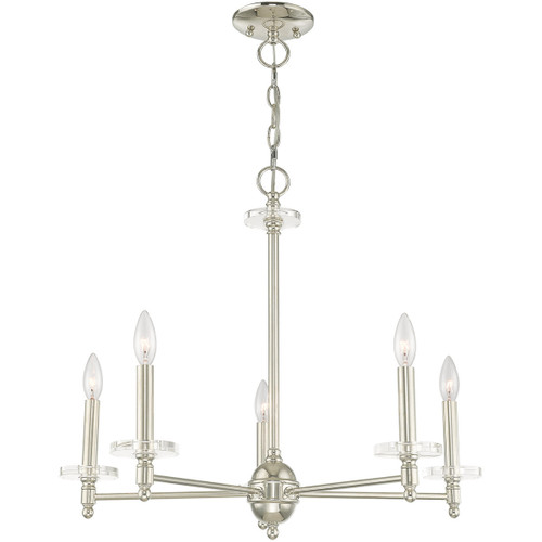 Nickel And Clear Five Light Metal Dimmable Chandelier With Shades