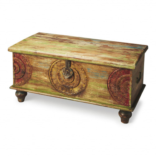 Homeroots Living Room Mesa Carved Wooden Trunk Coffee Table