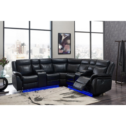 Homeroots Living Room Power Reclining Sectional Sofa, Black, Leather Air