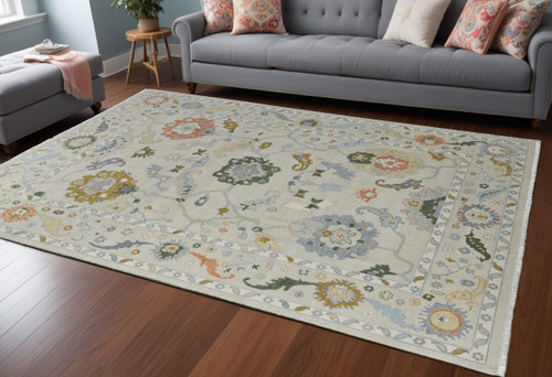 12' X 15' Gray Ivory and Gold Wool Floral Hand Knotted Area Rug With Fringe