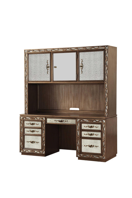 Homeroots Office 24" X 66" X 78" Antique Gold Wood Glass Mirror Computer Desk & Hutch, Antique Gold Finish