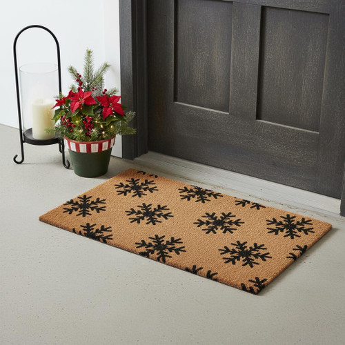 17" X 29" Brown And Black Christmas Snowflake Outdoor Coir Door Mat