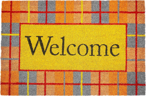 17" X 29" Gray Natural Orange And Yellow Fall Plaid Welcome Outdoor Coir Door Mat