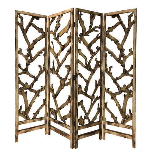 Homeroots Home Decor 4 Panel Room Divider with Tropical Leaf, Natural Wood Finish, 7ft Height