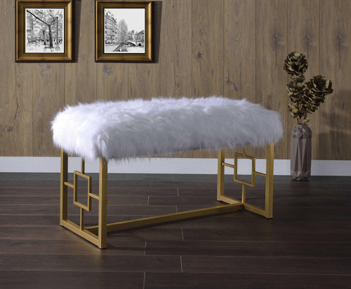 Homeroots 18" x 38" x 21" White Faux Fur Gold Metal Bench, White