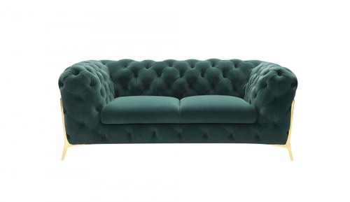 Homeroots Living Room Glam 74" Green Velvet And Gold Loveseat, Green and Gold