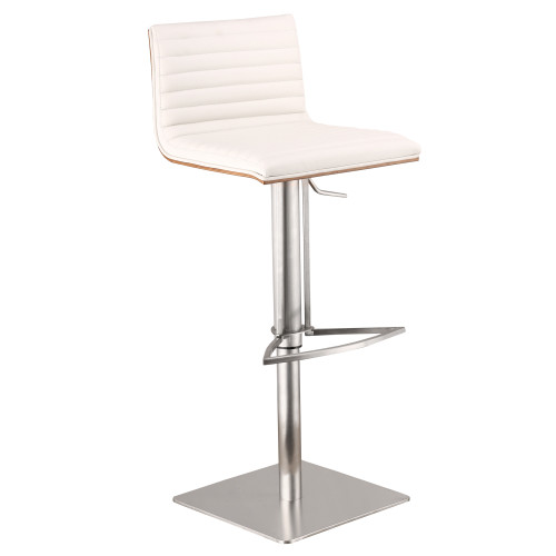 Homeroots Living Room White Faux Leather Armless Swivel Bar Stool, Brushed Stainless Steel Base