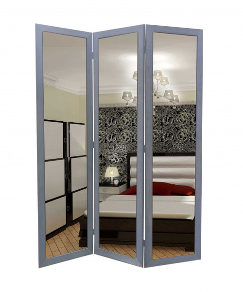Homeroots Home Decor Glass & Wood Mirror Screen, Gray, 3 Panel