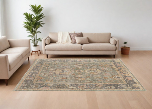 8' X 12' Gray and Gold Wool Oriental Hand Knotted Area Rug With Fringe